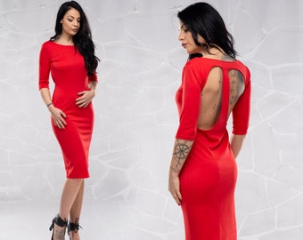 Sexy red dress for extravagant women. Open back midi evening cocktail dress for wedding party