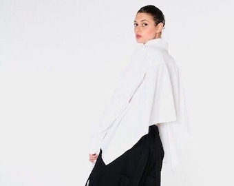 White Shirt, Cold Weather , Asymmetric Shirt, Futuristic Clothing, Plus Size Top, Oversize Shirt, Collar Shirt, Wedding Jacket,Deconstructed