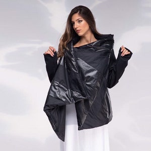 Asymmetric Coat, Black Winter Jacket Women, Avant Garde Jacket, Futuristic Jacket, Loose Padded Jacket, Fringe Jacket, Plus Size Clothing