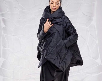 Black Puffer Jacket, Fall And Winter Clothing, Oversized Puffer Coat, Asymmetrical Coat, Hooded Jacket, Extravagant Jacket, Futuristic