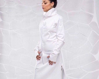 Avant Garde Clothing, Futuristic Shirt, White Tunic Shirt, White Shirt Women, Outdoor Clothing, Plus Size Clothing, Long Shirt, Sci Fi Tunic