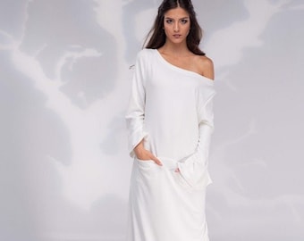 Vestido maxi blanco, ropa de mujer, vestido largo con bolsillos, vestido vanguardista, ropa de talla grande, vestido suelto blanco, vestido de fiesta blanco