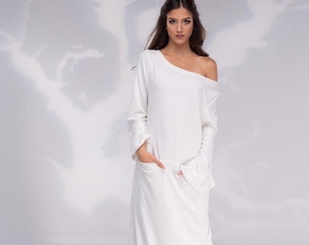 Vestido maxi blanco, ropa de mujer, vestido largo con bolsillos, vestido vanguardista, ropa de talla grande, vestido suelto blanco, vestido de fiesta blanco