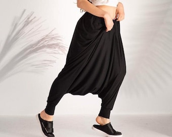 Black Harem Pants, Women Baggy Pants, Drop Crotch Pants, Plus Size Clothing, Genie Pants, Low Crotch Pants, Womens Clothing, Wide Leg Pants