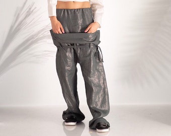 Linen Pants, Wide Leg Pants, Plus Size Clothing, Women Clothing, Japanese Clothing, Harem Pants, Linen Clothing, Grey Pants,Futuristic Pants