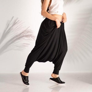 Black Harem Pants, Women Baggy Pants, Drop Crotch Pants, Plus Size Clothing, Genie Pants, Low Crotch Pants, Womens Clothing, Wide Leg Pants