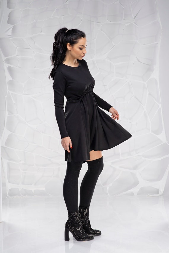 chinese dress ladies Black Ribbed Knit Long Sleeves Dress – Hot Miami Styles main image 0