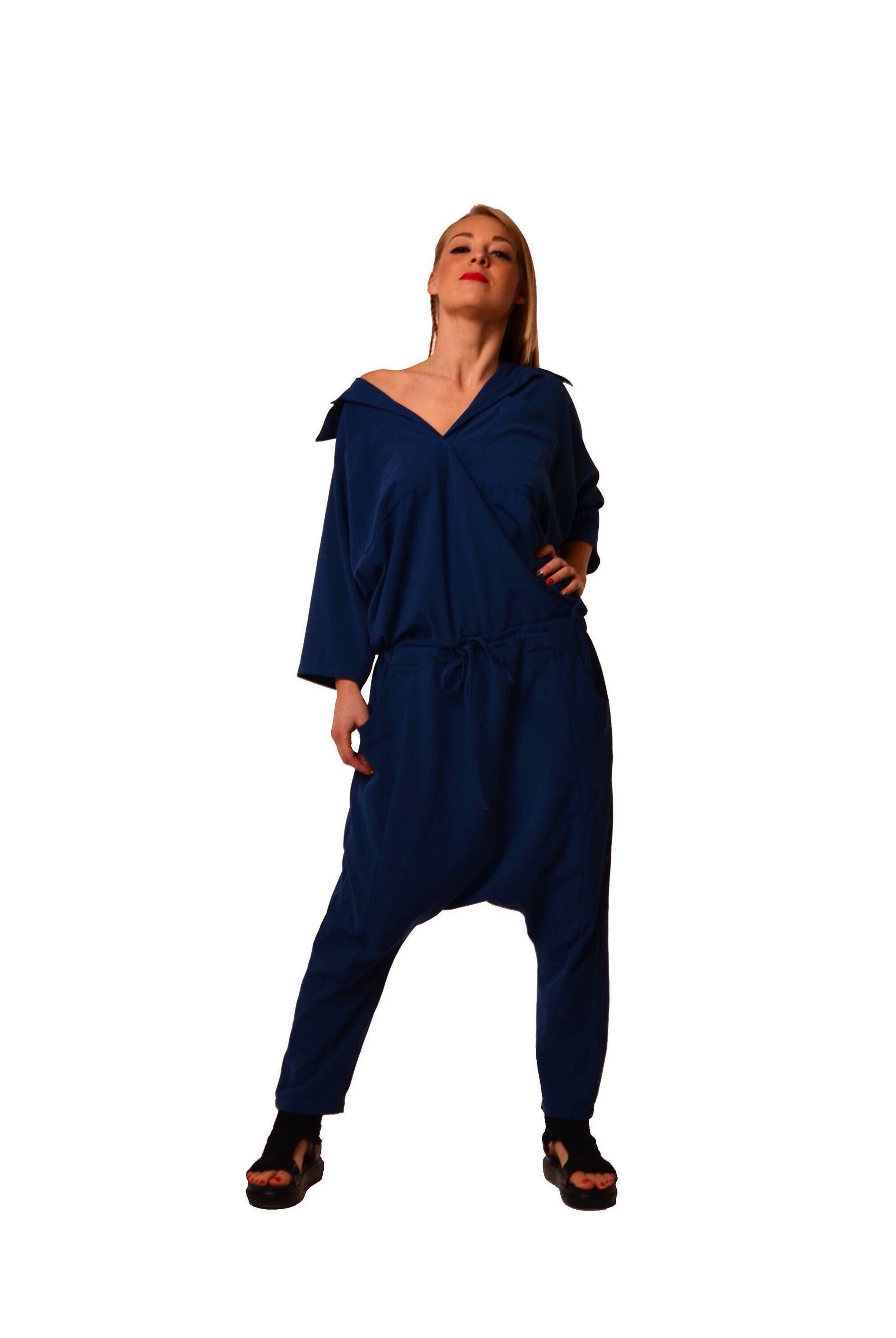 Harem Oversize Jumpsuit Blue Lounge Jumpsuit Plus Size Etsy