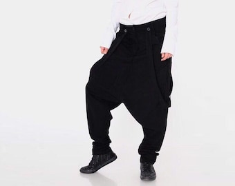 Drop crotch cyberpunk fashion pants for women. High rise loose harem suspenders  in plus size