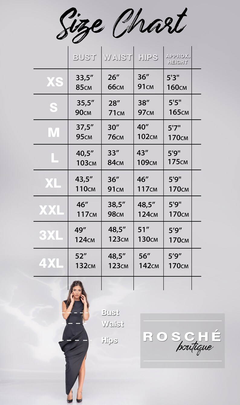 May include: Size chart for clothing with measurements in inches and centimeters. The chart includes bust, waist, hips, and approximate height measurements for sizes XS to 4XL. The chart also includes the text "ROSCH&Eacute; boutique".