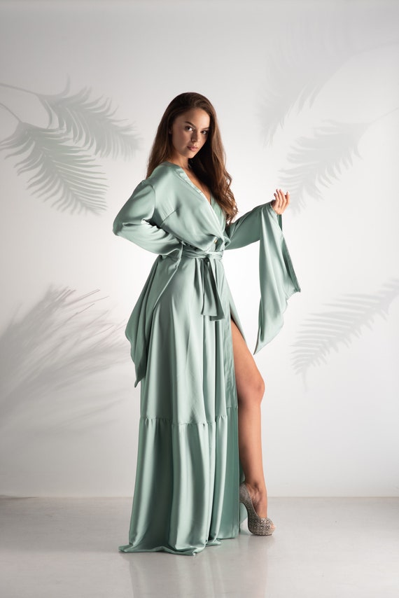 Mint satijnen jurk dames gewaadjurk dameskleding cocktailjurk bruiloft gastjurk kimonojurk satijnen omslagjurk formele kleding Etsy Nederland