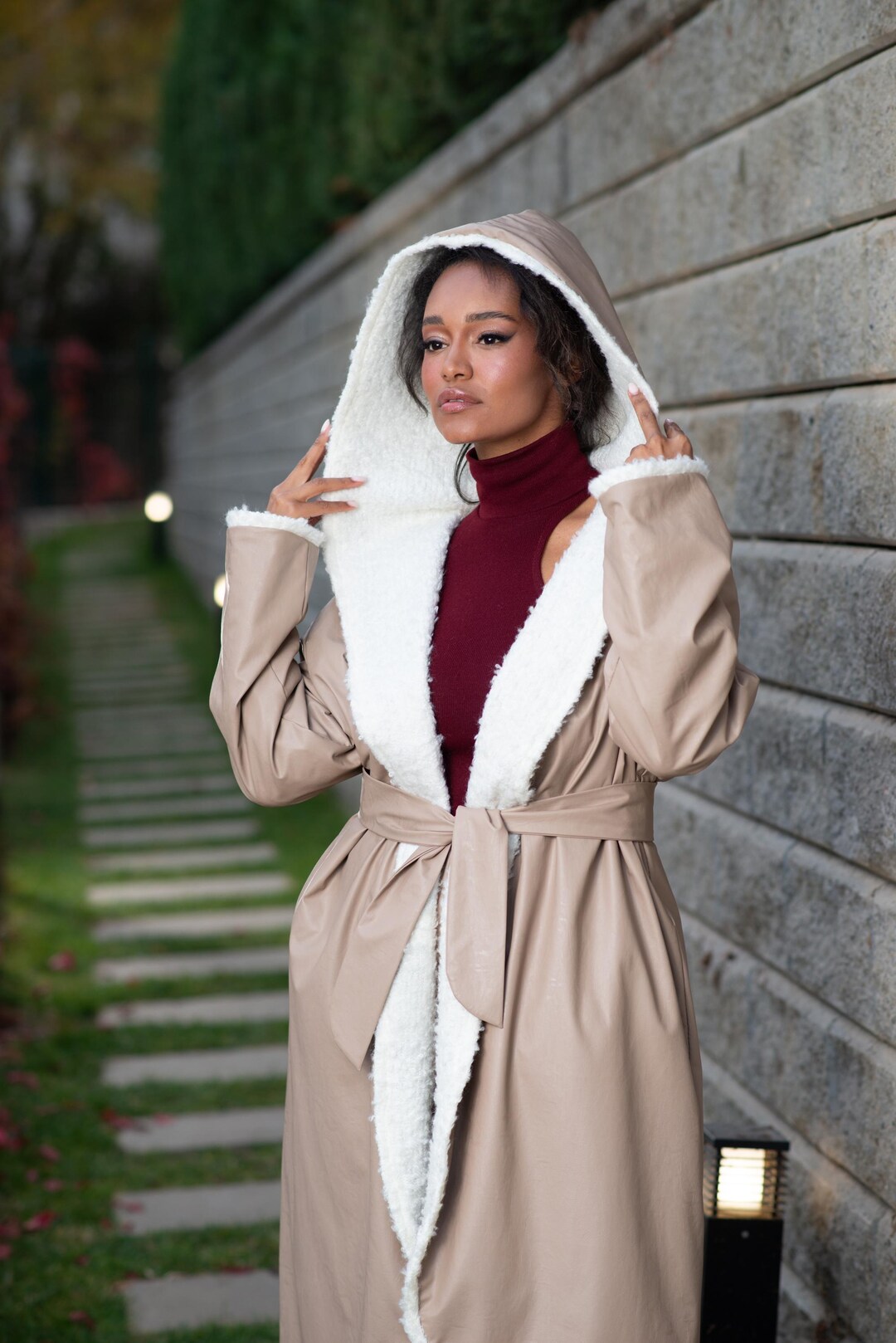 Abrigo de lana reversible, abrigo de piel sintética, abrigo de