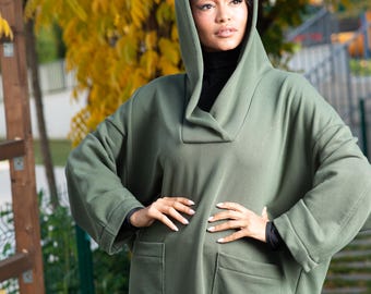 Suéteres feitos à mão, moletom com capuz oversized, moletom longo com capuz, roupas esportivas femininas, roupas femininas, roupas plus size, moletom folgado com bolsos
