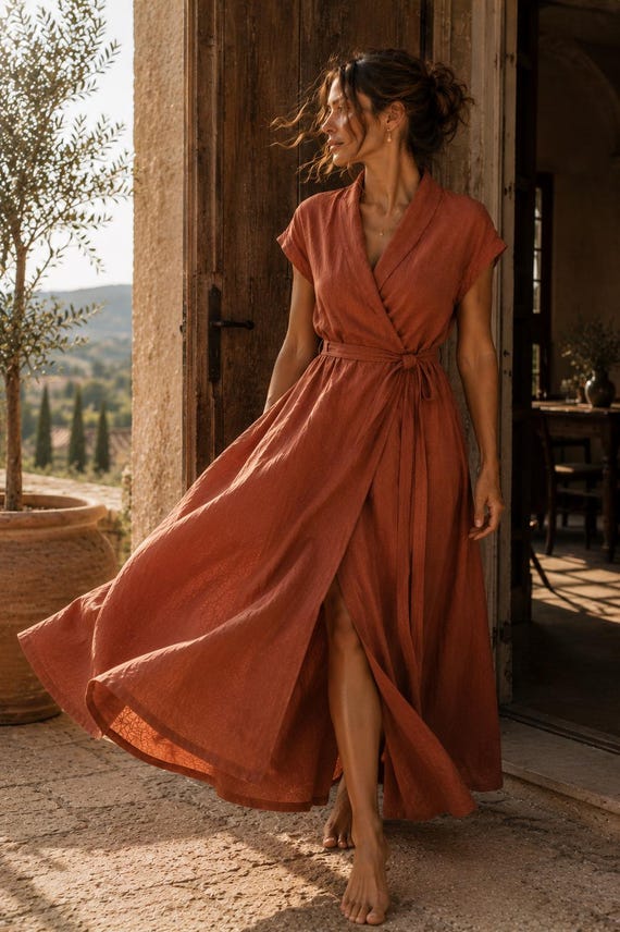 terracotta color formal dress Red Mother of the Bride Dress, Linen Wedding Guest Dress, Linen Wrap Dress, Flowy Robe Dress, Organic Linen, Fall Fashion 2026 what color shoes to wear with terracotta dress
