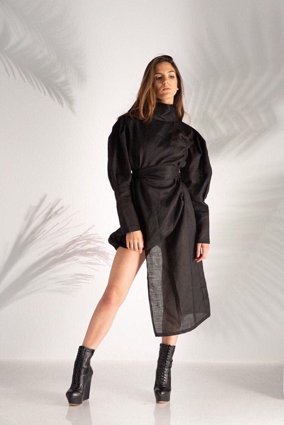 Buy Asymmetrical Dress, Linen Kimono Dress, Womens Clothing, Black Maxi Dress, Custom Linen Clothing, Gothic Linen Dress, Wedding Guest Dress Online in India