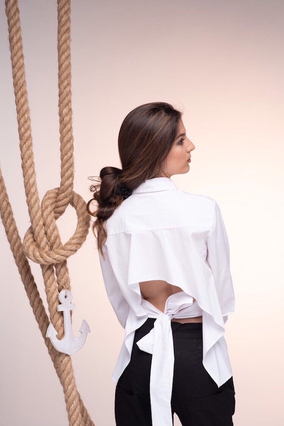 backless dress shirt White Extravagant in Plus Size ~ Hand Tailored Tie Back Top for Fall Autumn~ Avant Garde Womens Clothing Sizes:2 95% Cotton under $100 champagne backless dress A