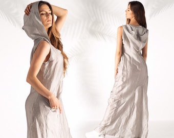 READY TO SHIP - Fantasy Dress, Festival Costumes, Linen Summer Clothes For Women, Linen Dress, Bohemian Clothing, Hooded Dress, Maxi Dress