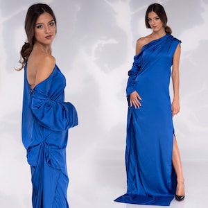 Party Wear Dress, Wedding Guest Dress, Indigo Blue Satin Dress, Cocktail Dress, Formal Dress For Women, One Shoulder Dress, Maxi Dress