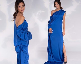 Wedding Guest Dress, Indigo Blue Satin Dress, Cocktail Dress, Formal Dress For Women, One Shoulder Dress, Plus Size Clothing, Maxi Dress