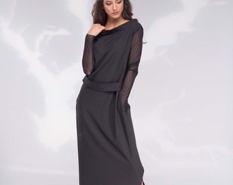 Goth Dress, Long Evening Dress - US PREPAID TARIFFS - Black Maxi Dress, Plus Size Clothing, Asymmetric, Womens Clothing, Wedding Guest Dress