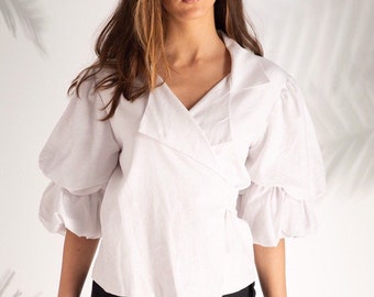 Linen Top, Loose Linen Blouse, Lolita Top, Short Sleeves Top, Womens Clothing, Plus Size Clothing, Futuristic Top, Wedding Guest Outfit