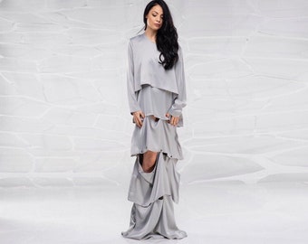 Women's Occasion Dresses, Maxi Dress, Extravagant Dress, Formal Dress, Women Plus Size Dress, Grey Dress, Layered Dress, Kaftan Dress