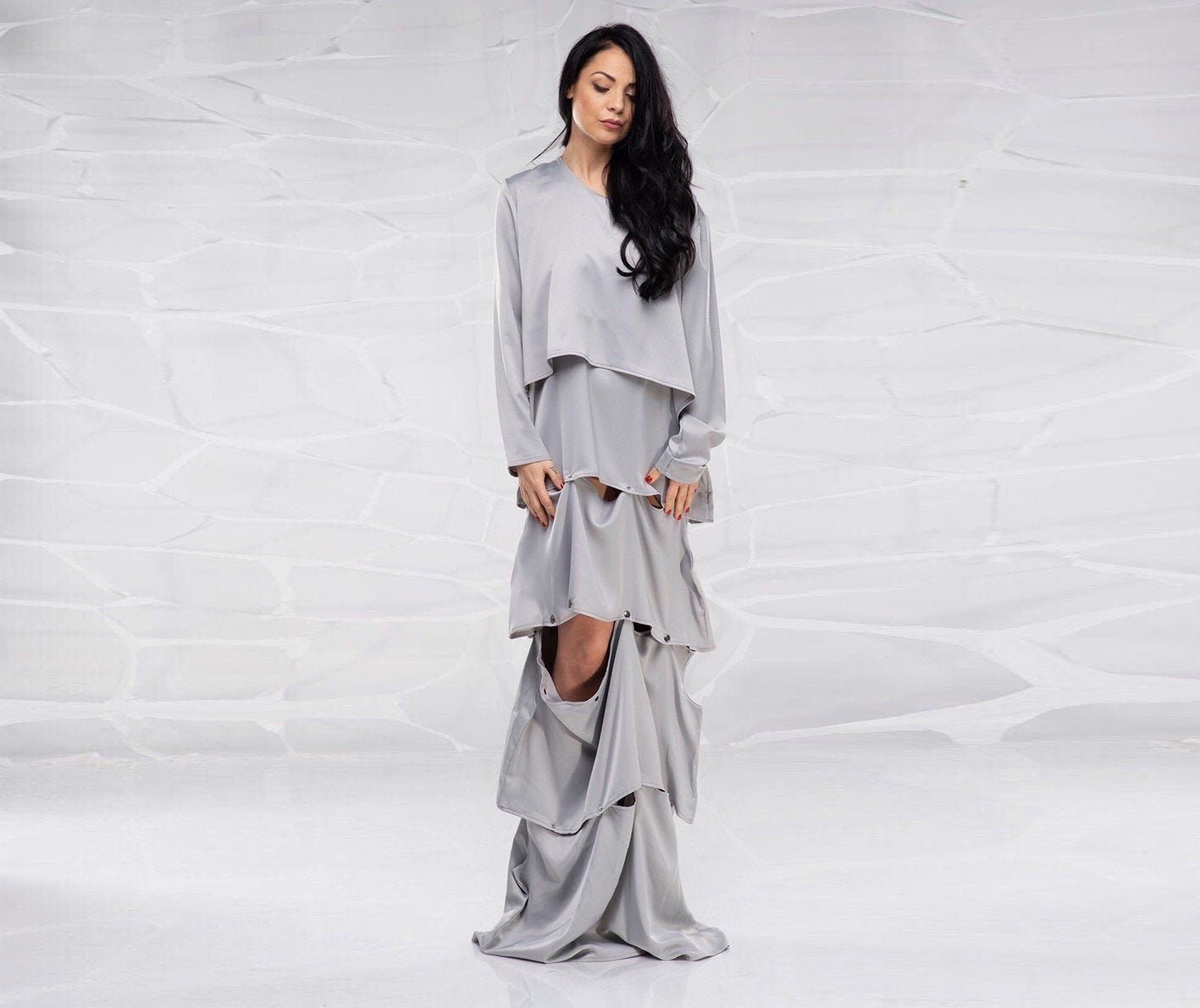 Women's Occasion Dresses, Maxi Dress, Extravagant Formal Women Plus Size Grey Layered Kaftan Dress