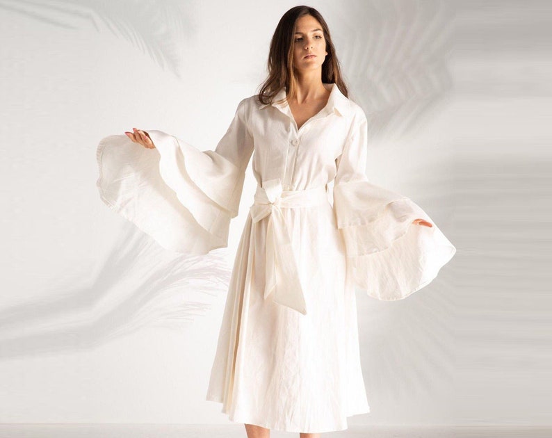 Vestido de lino, vestido de lino para mujer, Kaftan de lino blanco, ropa de lino hecha a mano, ropa de talla grande, vestido de marfil boho, vestido de novia extravagante imagen 7