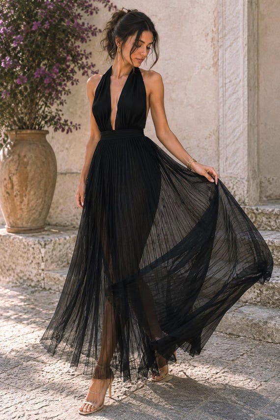 black chiffon backless dress Pleated Formal With V Neck and Open Back ~ Cocktail Dress for Wedding Guest ~ Evening Summer Style Clothing A soft lining ensures halter maxi dress 14 Best Backless and Cup:2