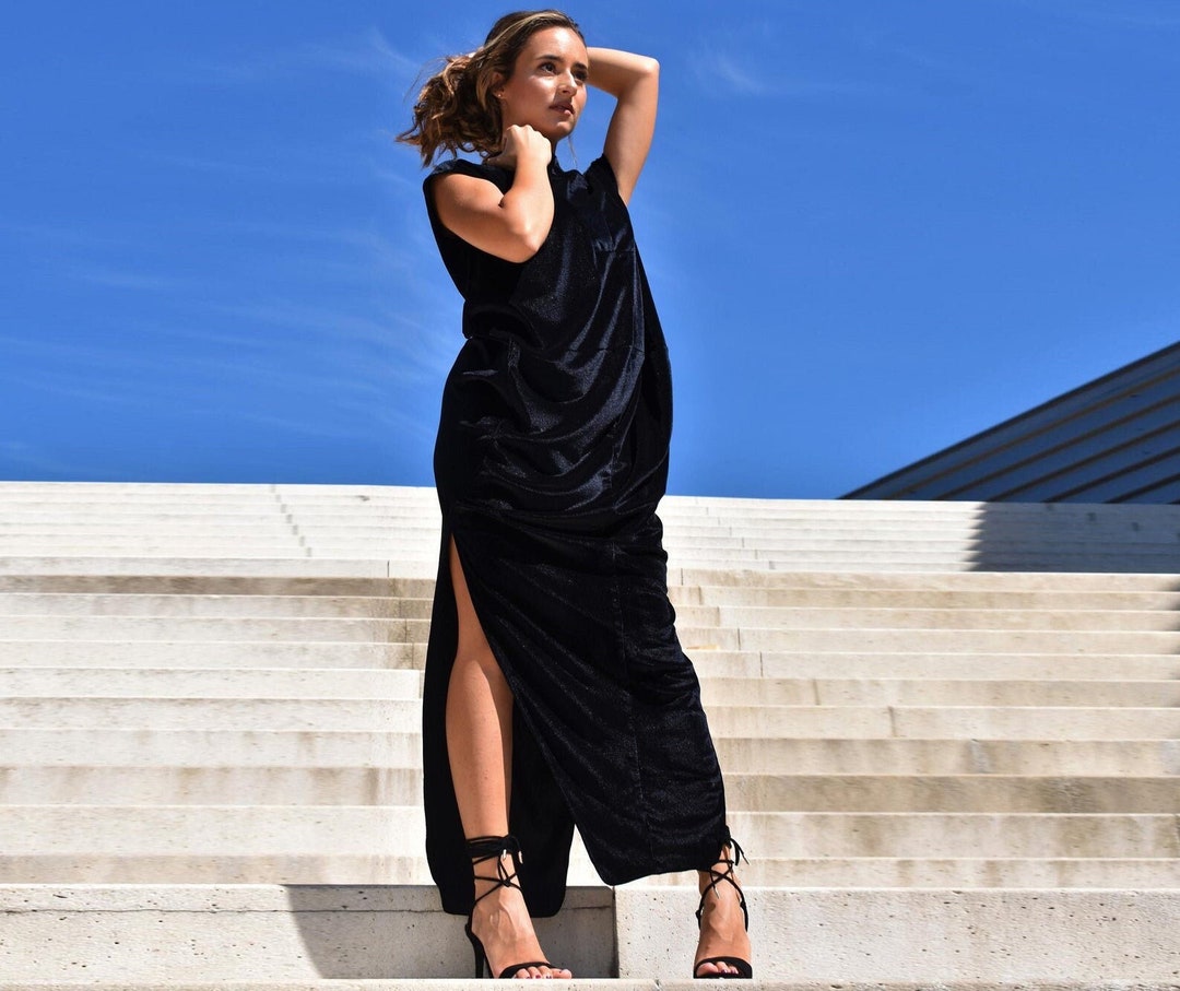 Loose Velvet Dress, Women's Dresses, Black Velvet Dress, Plus Size Clothing, Maxi Slit Dress, Short Sleeves Dress, Womens Clothing