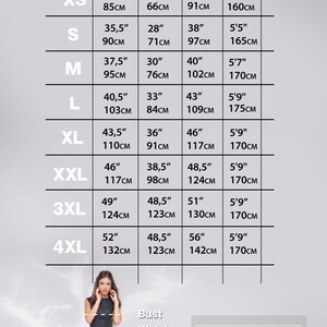 May include: Size chart for clothing with bust, waist, and hip measurements in inches and centimeters, and approximate height in feet and inches and centimeters. The chart includes sizes XS through 4XL.