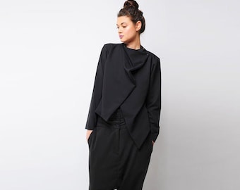 Winter Style Black Blazer -US PREPAID TARIFFS- Cold Weather Accessories, Asymmetrical Blazer, Plus Size, Elegant Jacket, Deconstructed