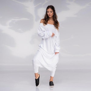 Women Harem Jumpsuit, Black Jumpsuit, Drop Crotch Jumpsuit, Plus Size Clothing, Oversize Jumpsuit, Off Shoulder Jumpsuit, Avant Garde White