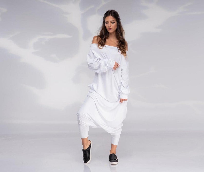 Women Harem Jumpsuit, Black Jumpsuit, Drop Crotch Jumpsuit, Plus Size Clothing, Oversize Jumpsuit, Off Shoulder Jumpsuit, Avant Garde White