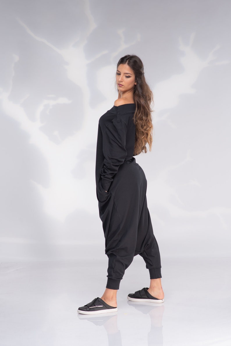 Women Harem Jumpsuit, Black Jumpsuit, Drop Crotch Jumpsuit, Plus Size Clothing, Oversize Jumpsuit, Off Shoulder Jumpsuit, Avant Garde image 2