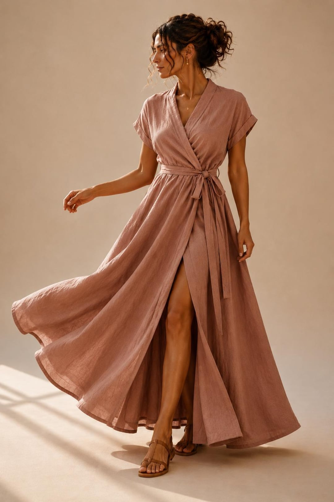 Woman wearing a terracotta wrap dress as a fall wedding guest