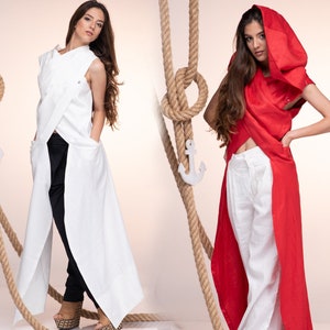 Sleeveless Linen Tunic Top, Hand Tailored Top, Linen Clothing, Hooded Tunic, Linen Maxi Vest, Linen Hooded Women Vest, Wrap Linen Top