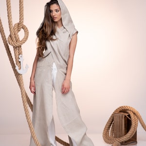 Futuristic Clothing, Linen Clothing, Avant Garde Tunic, Linen Hooded Tunic, Women's Occasion Dresses, Elven Linen Hood, Sci Fi Clothing Beige With Hood