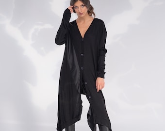 Cardigan long noir, Cardigan en laine, Vêtements pour femme, Cardigan oversize, Vêtements grande taille, Cardigan asymétrique, Haut futuriste, Maxi