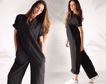 Women Linen Jumpsuit, Oversize Romper, 100% Linen Handmade, Linen Summer Clothes, Black Linen Jumpsuit, Womens Clothing, Summer Style