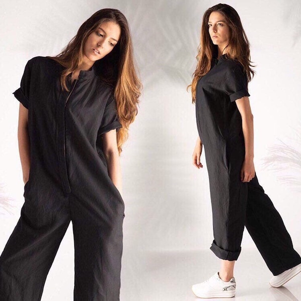 Frauen Leinen Jumpsuit, Harems Jumpsuit, Plus Größe Leinen, Damen Jumpsuits & Strampler, Schwarzer Leinen Jumpsuit, Damenbekleidung, Frauen Strampler