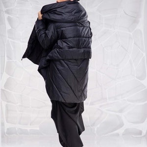 Black Puffer Jacket, Fall And Winter Clothing, Oversized Puffer Coat, Asymmetrical Coat, Hooded Jacket, Extravagant Jacket, Futuristic image 3