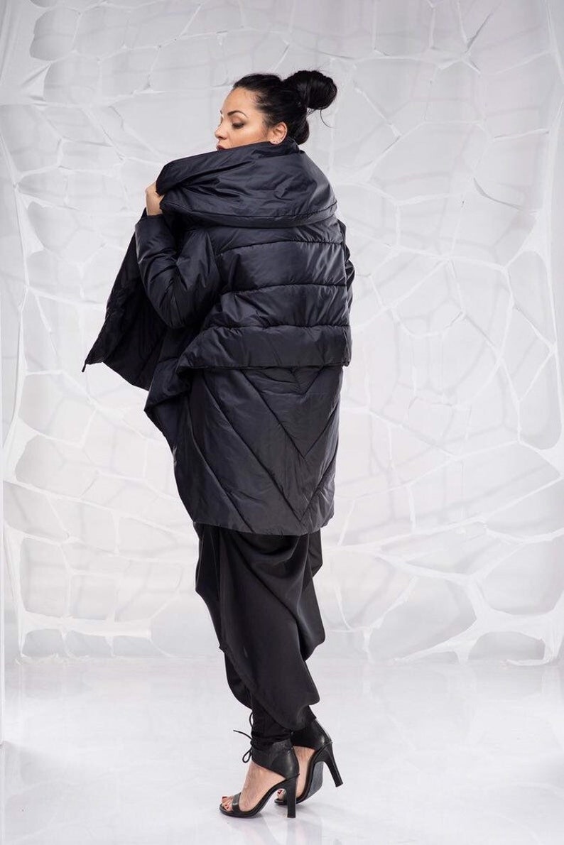 Black Puffer Jacket, Fall And Winter Clothing, Oversized Puffer Coat, Asymmetrical Coat, Hooded Jacket, Extravagant Jacket, Futuristic image 3