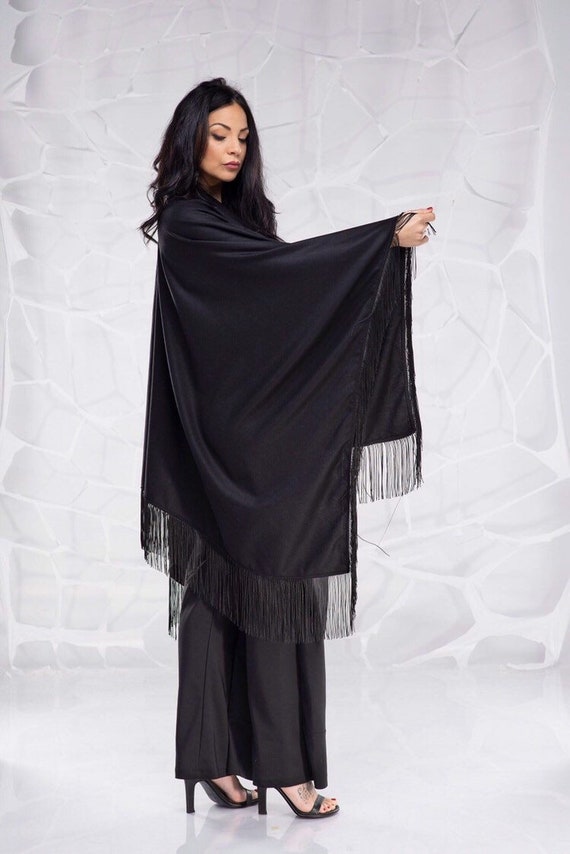 Black Poncho, Gothic Cape, Women Fringe Cardigan, Steampunk Cardigan, Wool Poncho, Cosplay Cape, Asymmetric Poncho, Alternative Cardigan