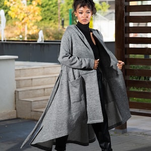 Long Coat Cardigan, Wool Duster Cardigan, Hooded Coat with Belt, Womens Clothing, Winter Style, Cold Weather Accessories -US PREPAID TARIFFS