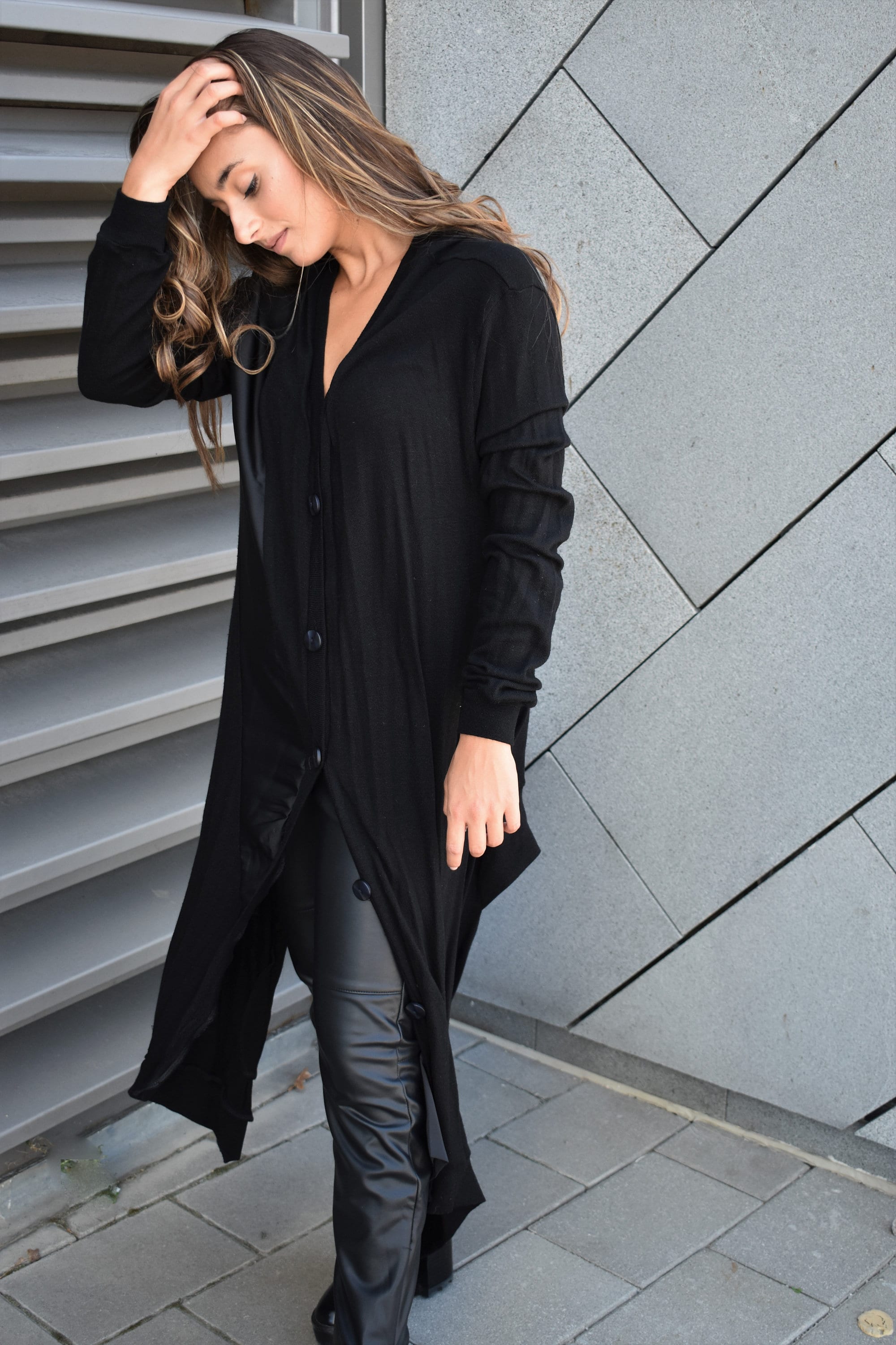 ◆DEINET◆ ONE BUTTON KNIT LONG CARDIGAN IN BLACK KDBBC4S331 Women Long Loose Black Cardigan With Buttons, Plus Size