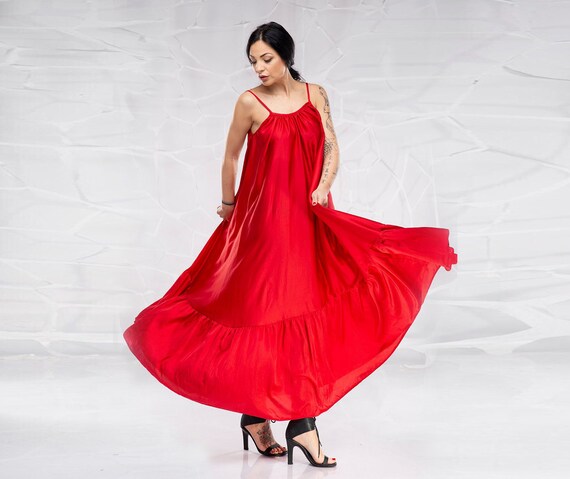 red maxi satin dress