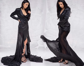 Robe gothique dans le style Morticia Addams, robe longue noire parfaite pour un mariage gothique