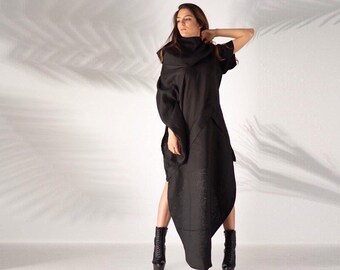 Witchy style black kaftan Boho turtleneck linen dress with raw edges Witchy style black kaftan Boho turtleneck linen dress with raw edges