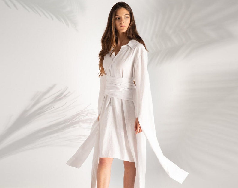 Weißes Kimonokleid, Leinenkleid, Hochzeitskleid in Übergröße, Lockeres Leinenkleid, Sommerhochzeitskleider, weißes Leinenkleid, Urlaubskleidung Bild 1